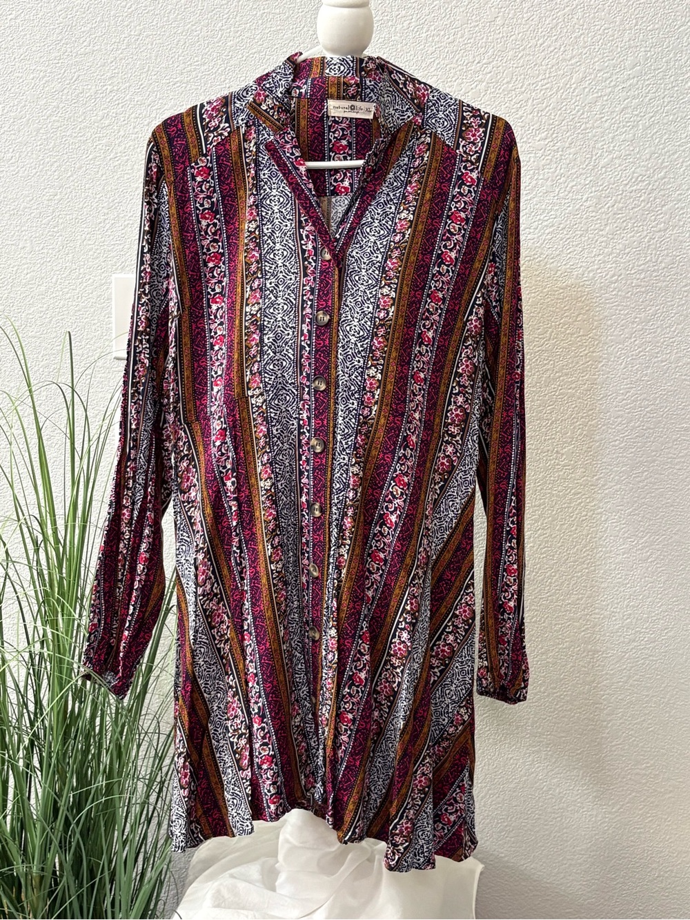 NATURAL LIFE Burgundy, Black & Gold Striped Floral Button-Front Dress